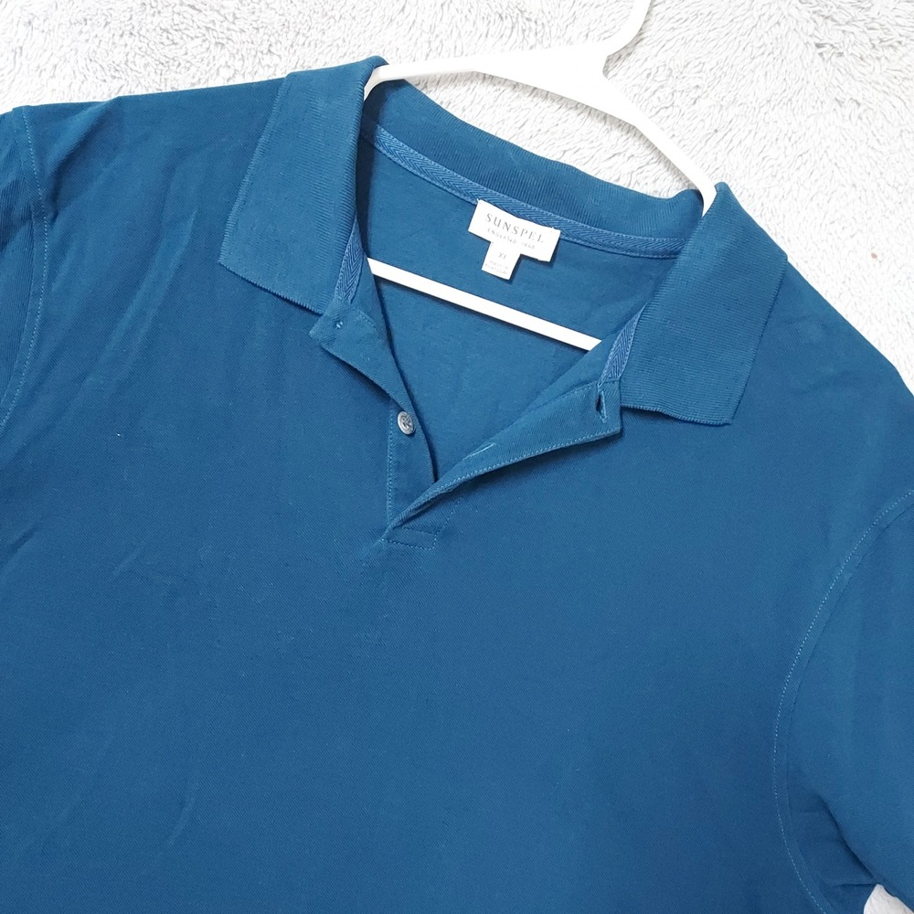 Sunspel Polo Shirt Mens XL Short Sleeve Cotton Pique Blue Made Portugal Luxury